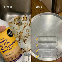 Load image into Gallery viewer, Before and after comparison of a dirty dish with cleaning powder and a clean dish.