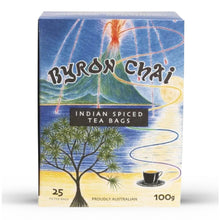 Load image into Gallery viewer, A box of Byron Chai Indian Spiced Tea Bags, featuring a colorful illustration of a volcano, a tree, and a cup of tea on a white background.