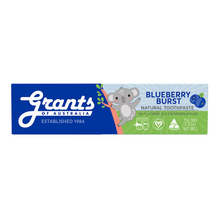 Load image into Gallery viewer, Grant's Blueberry Burst natural toothpaste packaging with a koala illustration on a white background