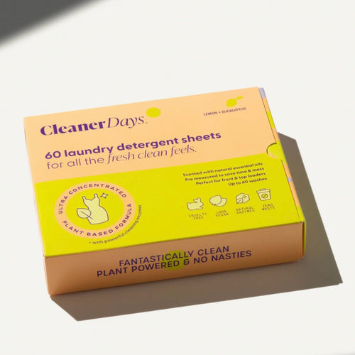 Box of Cleaner Days laundry detergent sheets on a light background