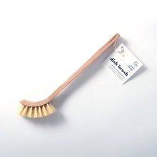 Load image into Gallery viewer, Dish brush with wooden handle and bristle head on a white background, accompanied by a label.
