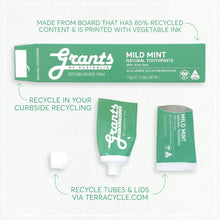 Load image into Gallery viewer, Grants of Australia natural toothpaste packaging with recycling information on a white background
