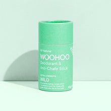Load image into Gallery viewer, Green deodorant stick with 'WOOHOO' branding on a light green background
