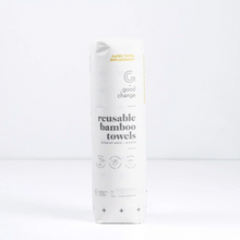 Load image into Gallery viewer, A single roll of Good Change reusable bamboo towels stands upright on a clean white studio background. The packaging is white with black text and small gold accents near the top.
