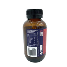 Load image into Gallery viewer, An amber glass supplement bottle with a black ribbed cap, showing the back label with nutritional information, a barcode, and a red 'Set It and Watch It' warning panel, on a white background.

