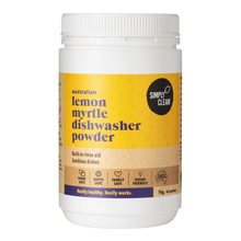 Load image into Gallery viewer, White container of lemon myrtle dishwasher powder with a yellow label on a white background
