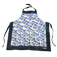 Load image into Gallery viewer, Apron with blue fish pattern on a textured beige surface

