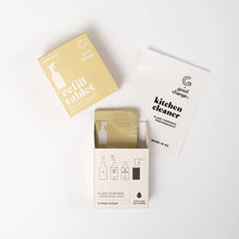 Load image into Gallery viewer, Good Change kitchen cleaner packaging including a box, tablet, and label on a white background
