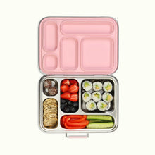 Load image into Gallery viewer, Pink bento box with compartments containing various food items on a white background
