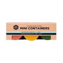 Load image into Gallery viewer, Ever Eco Stainless Steel Mini Containers in the Autumn Collection, featuring a peach-colored cardboard box with a window showing three leak-proof silicone lids in clay, honey, and olive colors.
