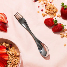 Load image into Gallery viewer, Silver fork on a pink surface with strawberries and cereal

